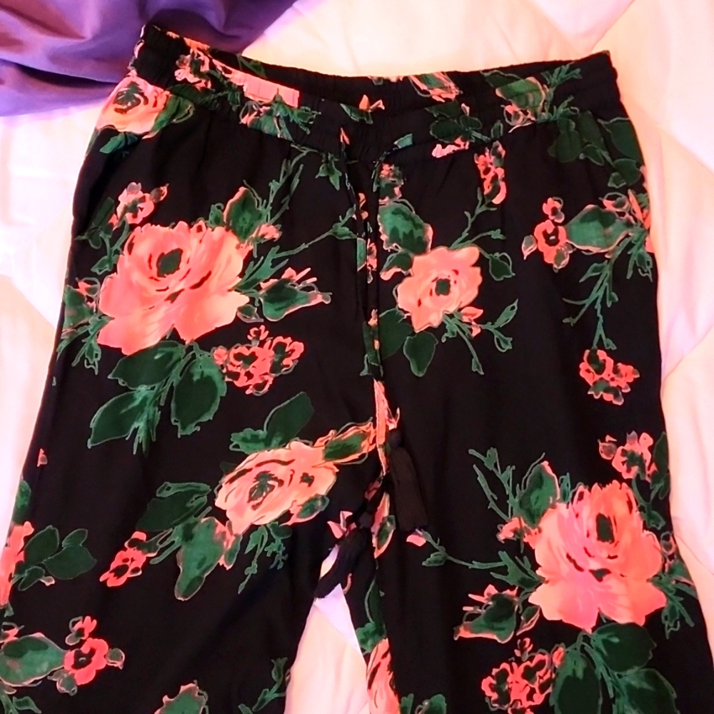 Floral, wide leg, casual pants, drawstring waist